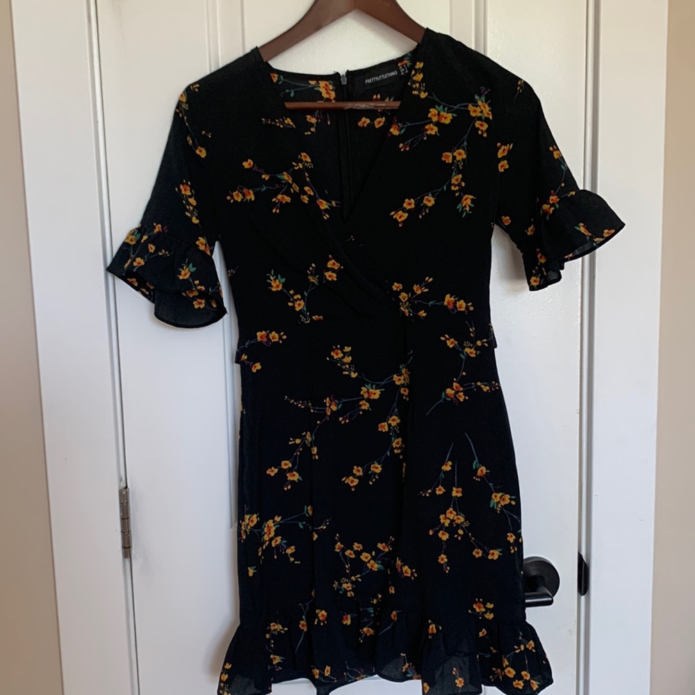PrettyLittle Thing dress, black with yellow floral pattern. Size 2.